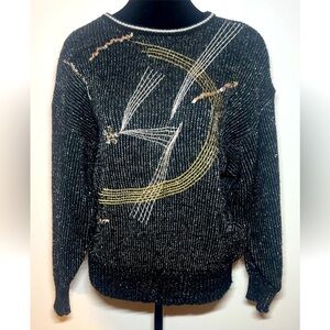 Vintage Andene Knit Sweater Large Metallic embroidered Sequin Rhinestone Black